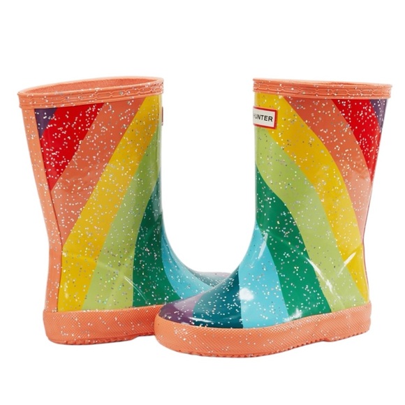 New In Box HUNTER Kids First Glitter Stripe Rain Boots Sz 7C Optimistic Orange - Picture 1 of 8